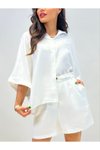 Beyaz Keten Şortlu Gömlekli Alt Üst Kemer Detaylı İkili Takım