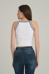 Beyaz Kol Çizgili Crop Triko