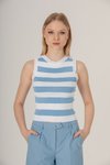 Beyaz Mavi Çizgili Crop Triko