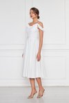 Beyaz Midi Ayarlanabilir Askılı Yaka Fırfır Detay Dokuma Kumaş Pileli Kloş Abiye Elbise
