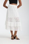 Beyaz Midi Dantel Detay Astarlı Rahat Kesim Etek