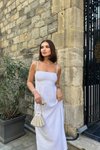 Beyaz Midi Dina Askılı Keten Elbise
