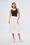 Beyaz Midi Düğme Detaylı Keten Etek
