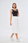 Beyaz Midi Düğme Detaylı Keten Etek