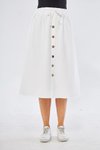 Beyaz Midi Düğme Detaylı Keten Etek
