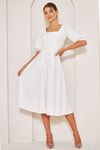 Beyaz Midi Kare Yaka Kısa Balon Kol Kolları Lastikli Dokuma Dökümlü Kumaş Elbise