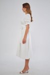 Beyaz Midi Kruvaze Yaka Büzgülü Kısa Kol Kolları Lastikli Kuşaklı Elbise