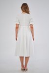 Beyaz Midi Kruvaze Yaka Büzgülü Kısa Kol Kolları Lastikli Kuşaklı Elbise