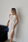 Beyaz Midi Kuşaklı Şifon Elbise