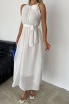 Beyaz Midi Kuşaklı Şifon Elbise
