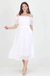 Beyaz Midi Madonna Yaka Bağlama Detaylı Şifon Elbise