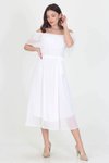 Beyaz Midi Madonna Yaka Bağlama Detaylı Şifon Elbise