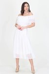 Beyaz Midi Madonna Yaka Bağlama Detaylı Şifon Elbise