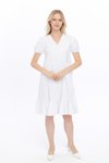 Beyaz Midi V Yaka Büzgülü Cotton Elbise