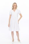 Beyaz Midi V Yaka Büzgülü Cotton Elbise