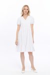 Beyaz Midi V Yaka Büzgülü Cotton Elbise
