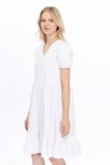 Beyaz Midi V Yaka Büzgülü Cotton Elbise
