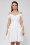 Beyaz Mini Askılı Kayık Yaka Detay Pileli Kloş Abiye Elbise