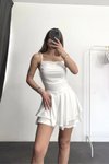 Beyaz Mini Askılı Şort Etekli Elbise
