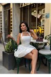 Beyaz Mini Boyundan Bağlamalı Kare Yaka Balon Astarlı Elbise