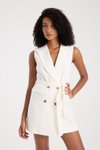 Beyaz Mini Düğmeli Blazer Kuşaklı Elbise
