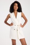 Beyaz Mini Düğmeli Blazer Kuşaklı Elbise