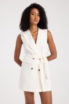 Beyaz Mini Düğmeli Blazer Kuşaklı Elbise