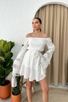 Beyaz Mini Madonna Yaka İspanyol Kol Püsküllü Elbise