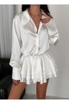 Beyaz Mini Saten Katlı Gömlek Kloş Elbise