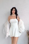 Beyaz Mini Straplez Eteği Şortlu Abiye Elbise