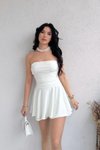 Beyaz Mini Straplez Eteği Şortlu Abiye Elbise