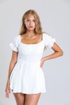 White Mini Flounce Skirt Detail Short Romper – Square Neck Puff Sleeve Summer Fit Cut Dress