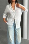 Beyaz Modal Çizgili Oversize Gömlek