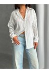 Beyaz Modal Çizgili Oversize Gömlek