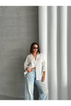 Beyaz Modal Çizgili Oversize Gömlek