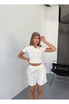 Beyaz Modal Kumaş V Yaka Tshirt Şort İkili Takım