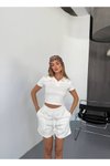 Beyaz Modal Kumaş V Yaka Tshirt Şort İkili Takım