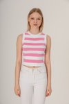 Beyaz Pembe Çizgili Crop Triko