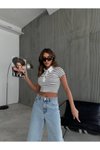 Beyaz Polo Yaka Çizgili Crop T-shirt