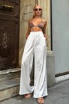 Beyaz Solve Geniş Kesim Saten Pantolon
