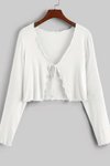 Beyaz Süslü Nervür Dikişli Kaşkorse Uzun Kollu Bağlamalı Bluz