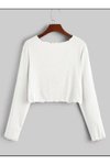 Beyaz Süslü Nervür Dikişli Kaşkorse Uzun Kollu Bağlamalı Bluz