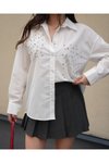 Beyaz Taşlı Premium Kalite Uzun Kollu Oversize G ömlek