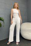 Beyaz Tek Omuz Gofre Pantolon Crop İkili Takım