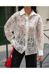 Beyaz Transparan Çiçek Desenli Uzun Kollu Gömlek