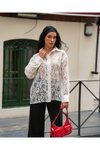 Beyaz Transparan Çiçek Desenli Uzun Kollu Gömlek
