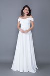 Beyaz Uzun Askılı Düşük Omuz Detay Kloş Nişan Nikah Abiye Elbise