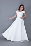 Beyaz Uzun Askılı Düşük Omuz Detay Kloş Nişan Nikah Abiye Elbise