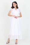 Beyaz Uzun Kruvaze Yaka Bağlama Detaylı Şifon Elbise