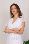 Beyaz Uzun Kruvaze Yaka Bağlama Detaylı Şifon Elbise